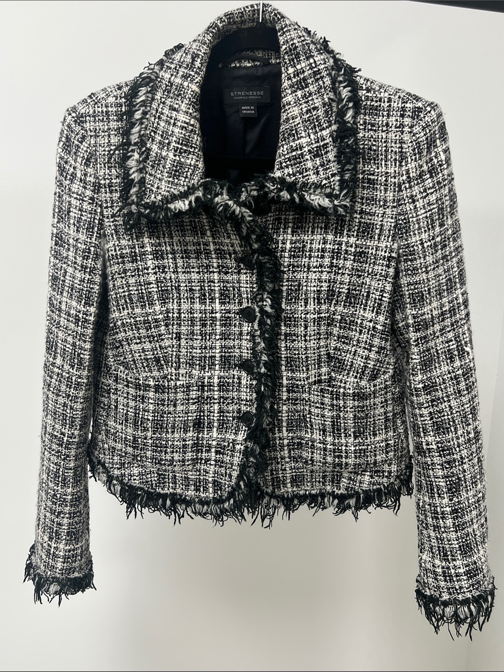 STRENESSE Black and White Tweed Fringe-Trim Jacket